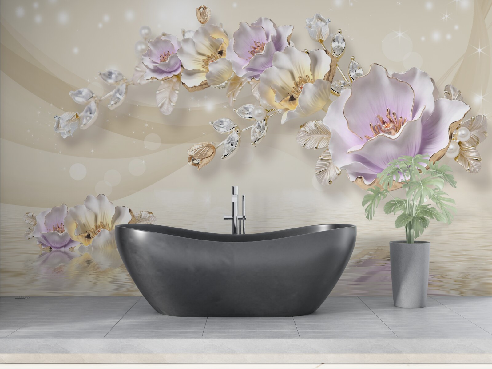 Fototapeten Gold- und Blumendekorationen