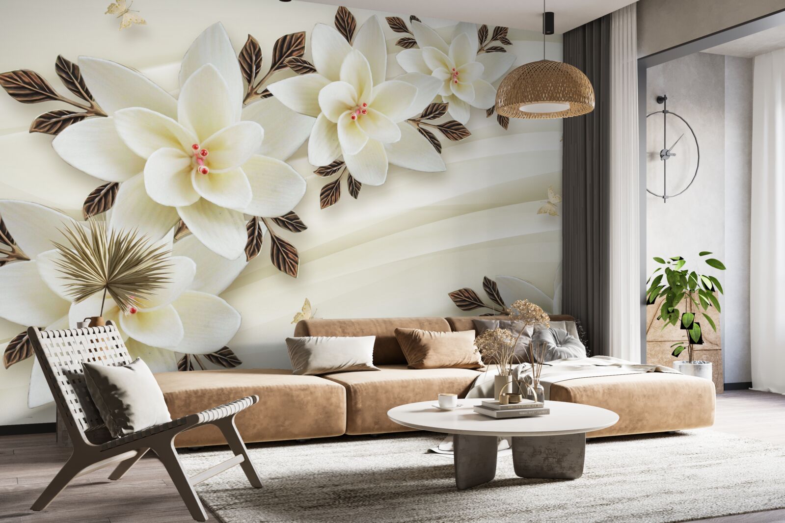 Fototapeten Der Stoff ist mit weißen Lotusblumen dekoriert
