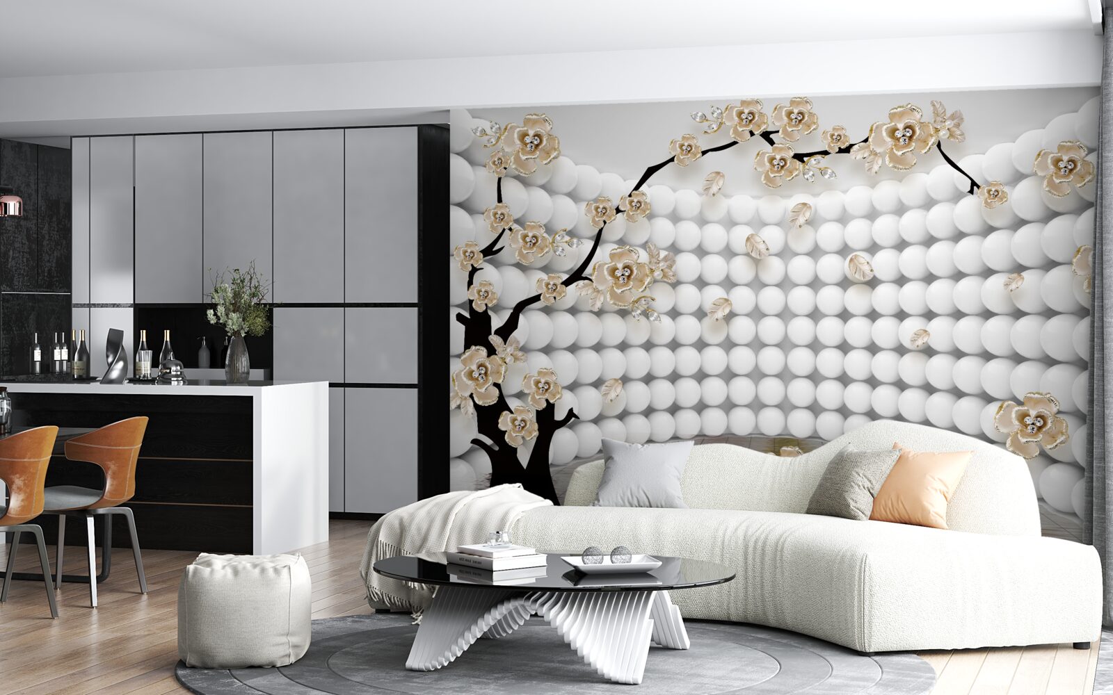 Fototapeten Ein Zimmer mit drei dimensionalen Bällen und einem Baum