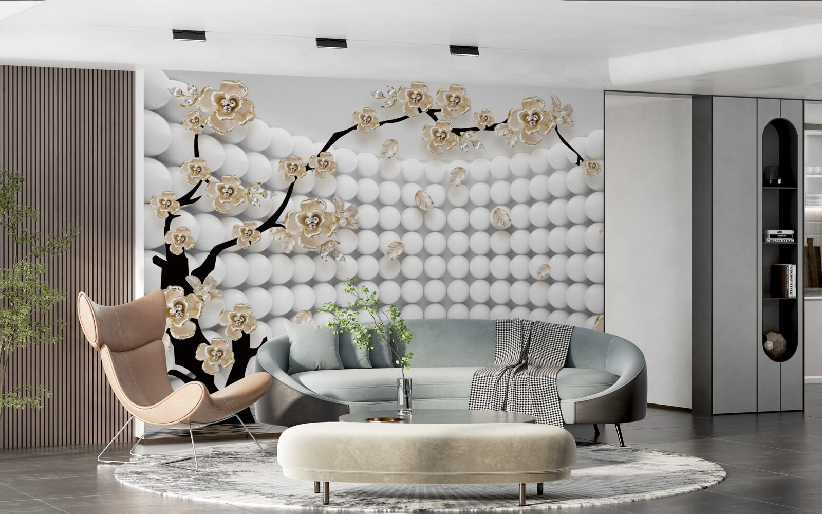Fototapeten Ein Zimmer mit drei dimensionalen Bällen und einem Baum
