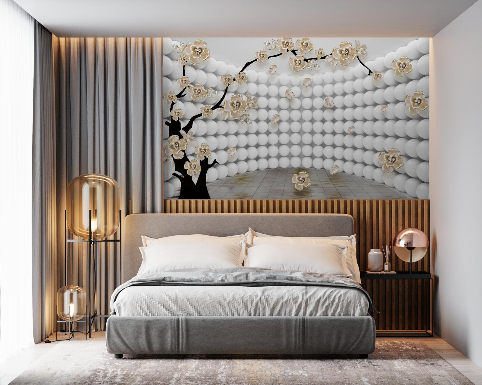 Fototapeten Ein Zimmer mit drei dimensionalen Bällen und einem Baum