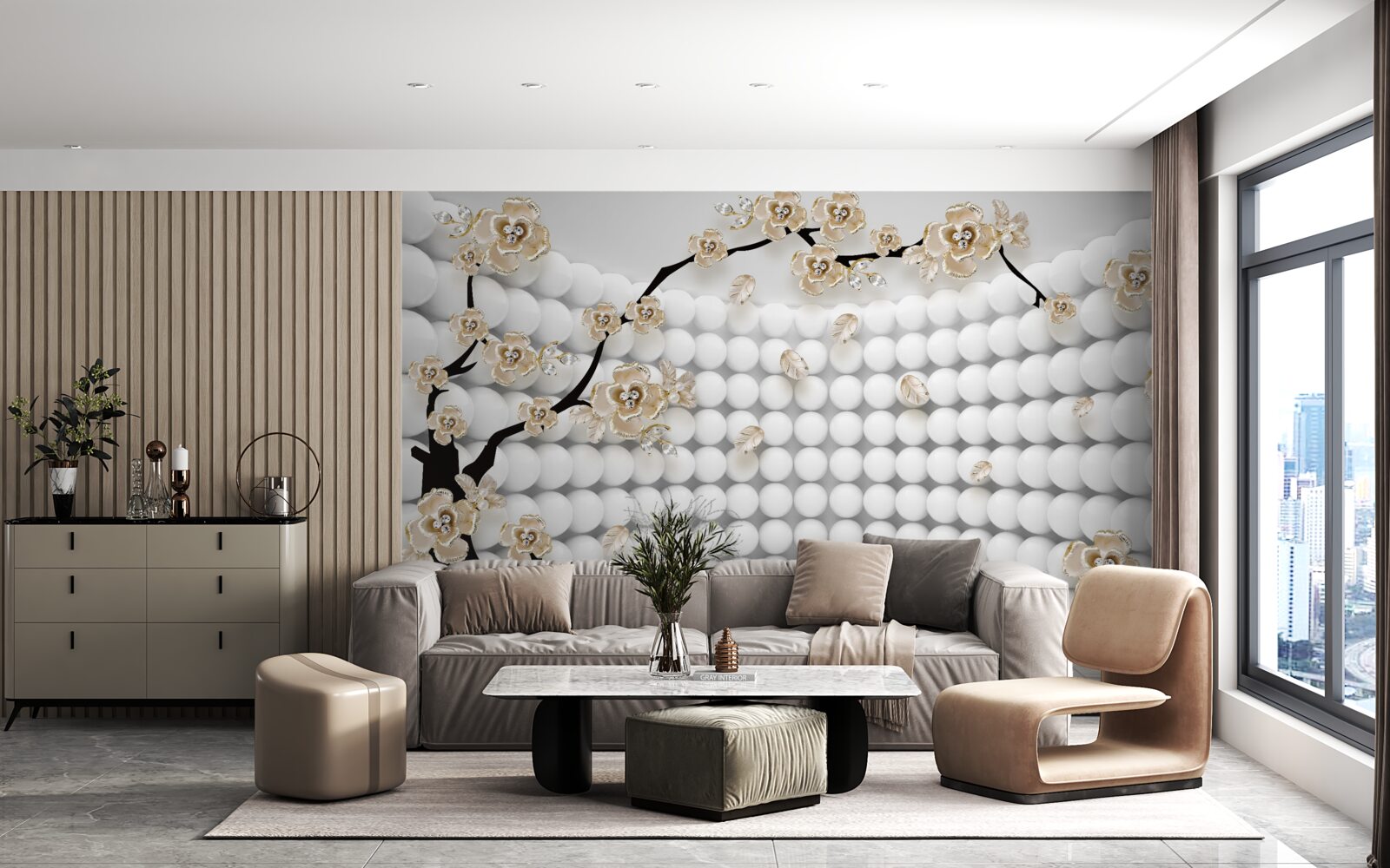 Fototapeten Ein Zimmer mit drei dimensionalen Bällen und einem Baum