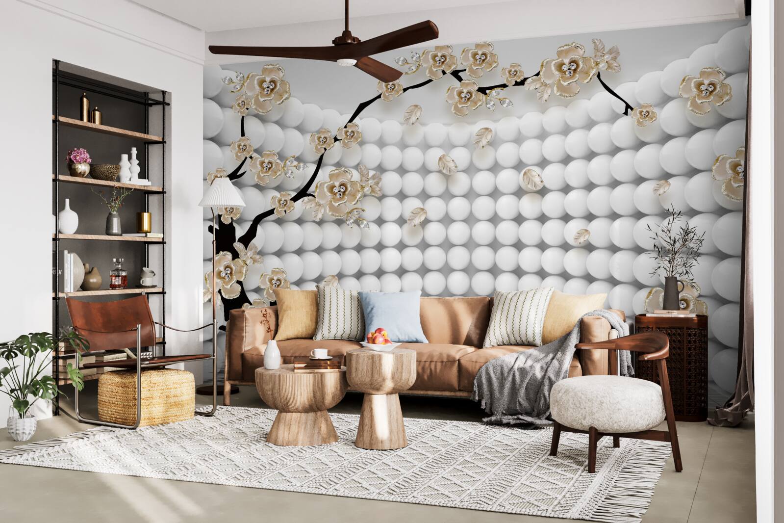 Fototapeten Ein Zimmer mit drei dimensionalen Bällen und einem Baum