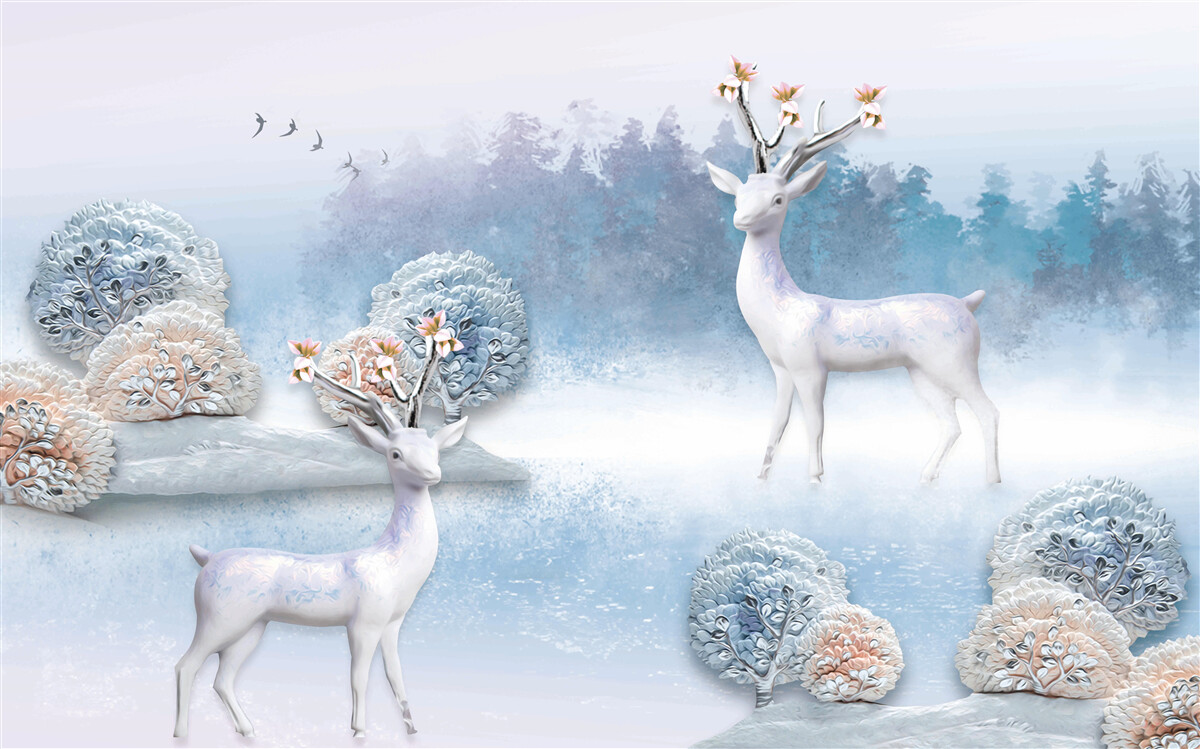 Fototapeten Hirsche im Winterwald