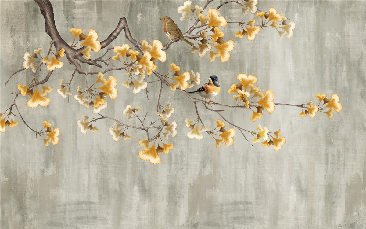 Fototapeten Vögel und ein Ast mit gelben Blüten