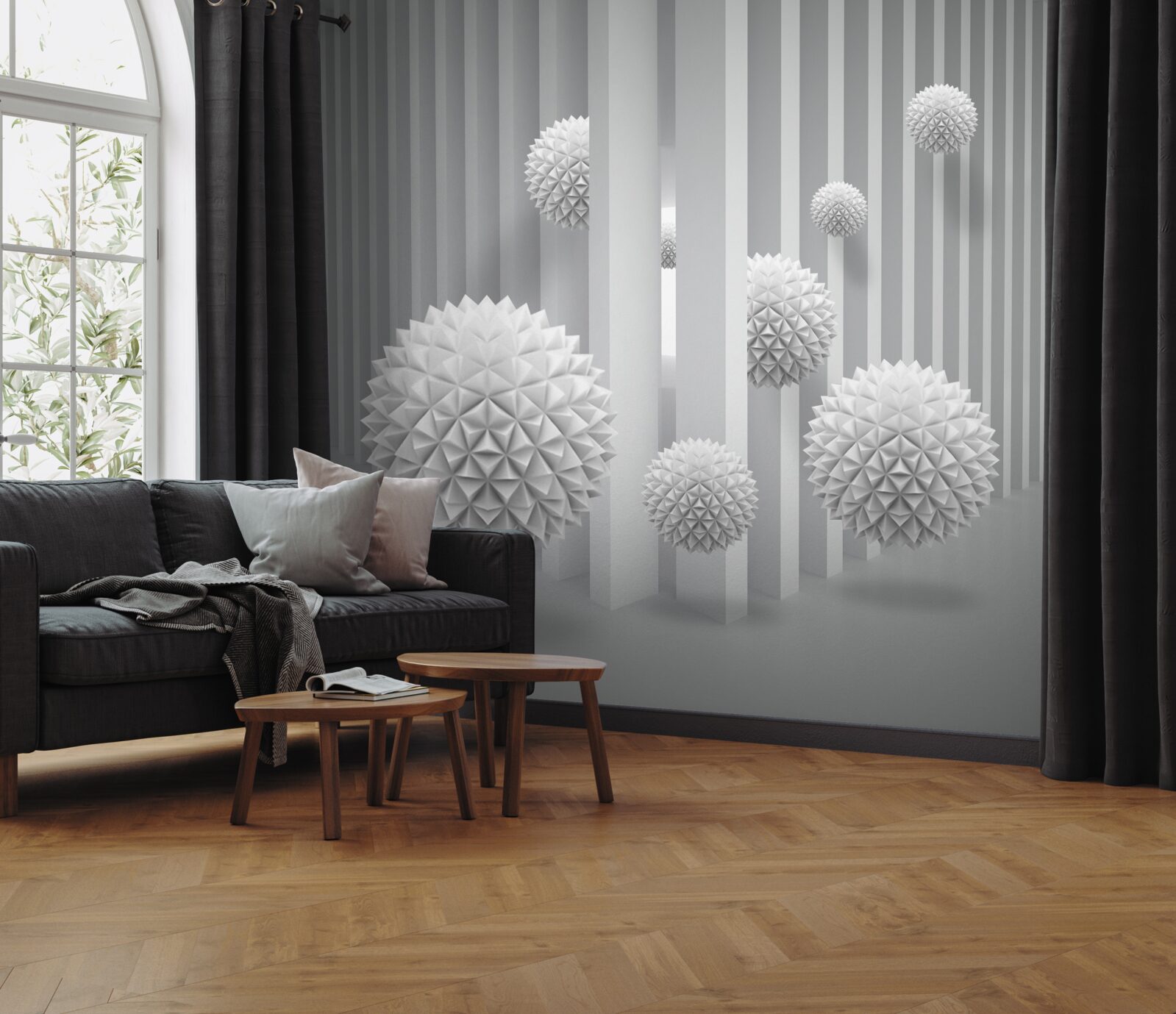Fototapeten Bälle, die über geometrische Formen fliegen