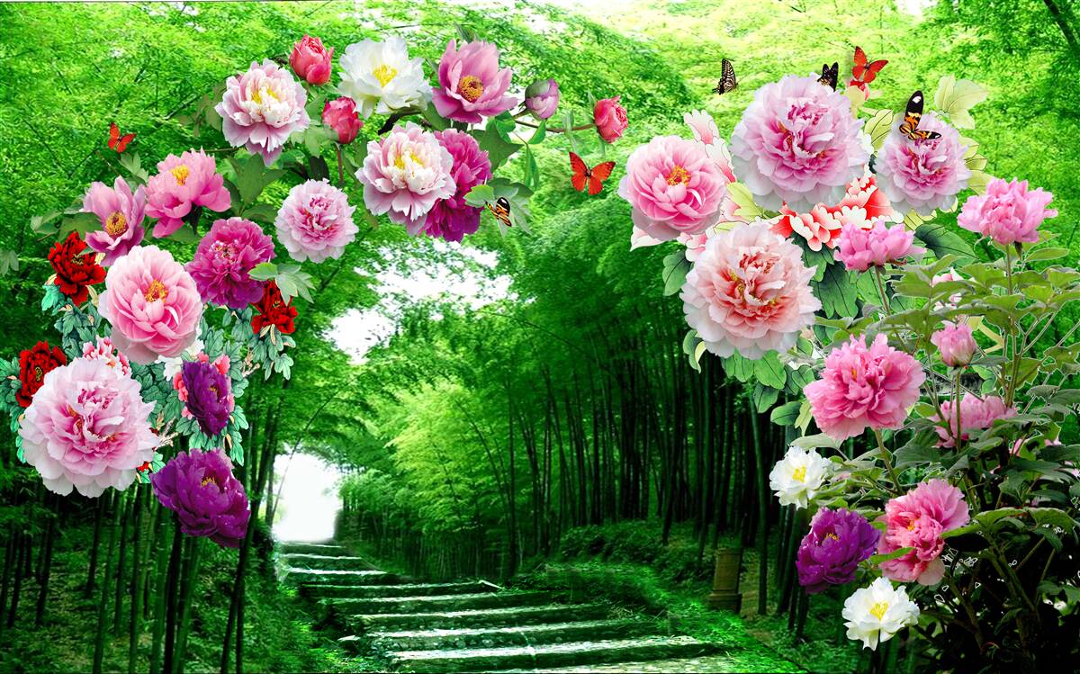 Fototapeten Blumen und Füchse aus grünem Bambus