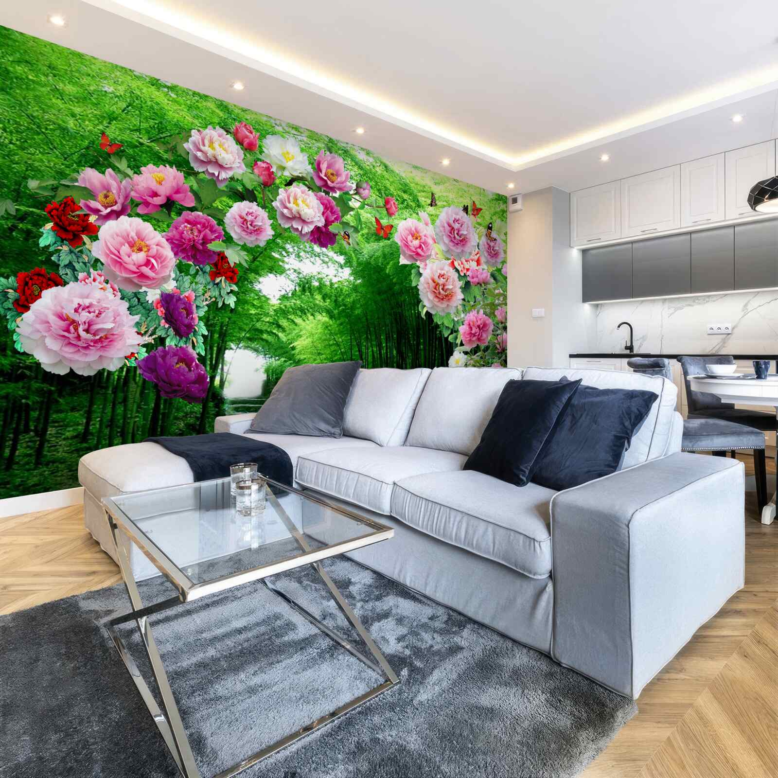 Fototapeten Blumen und Füchse aus grünem Bambus