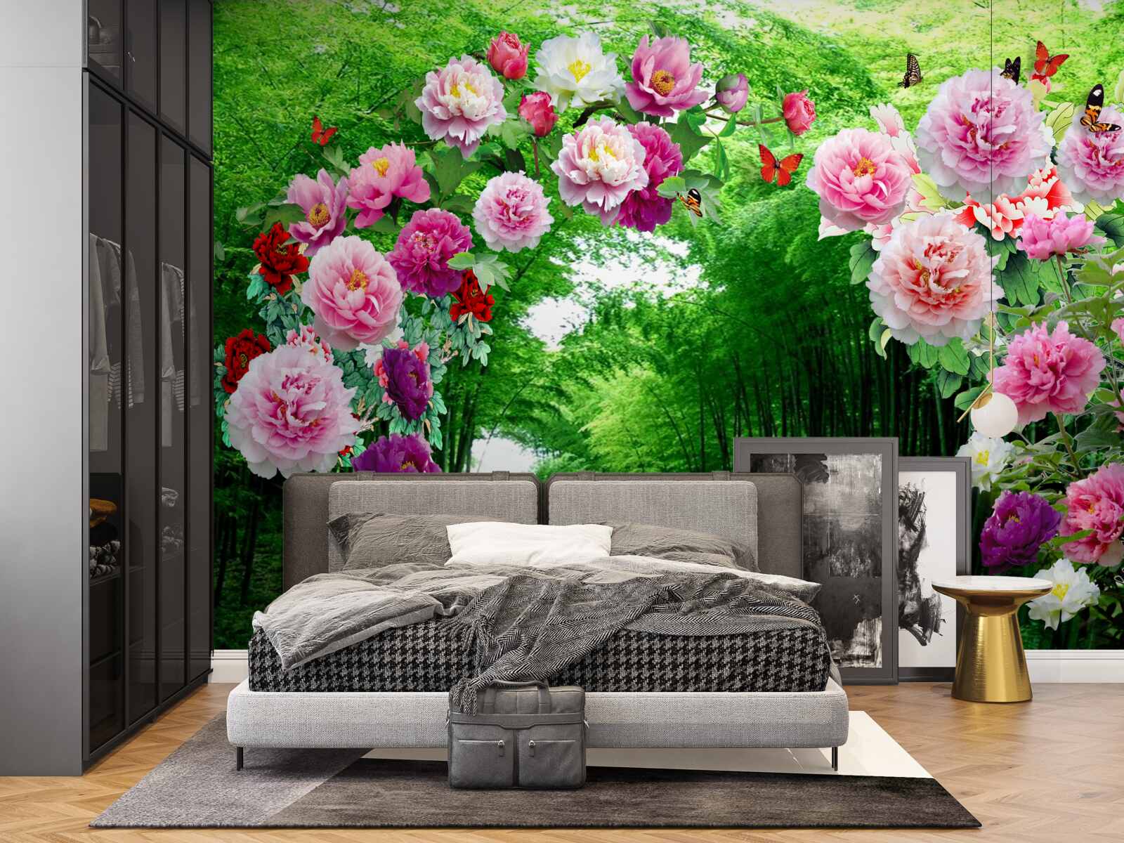 Fototapeten Blumen und Füchse aus grünem Bambus