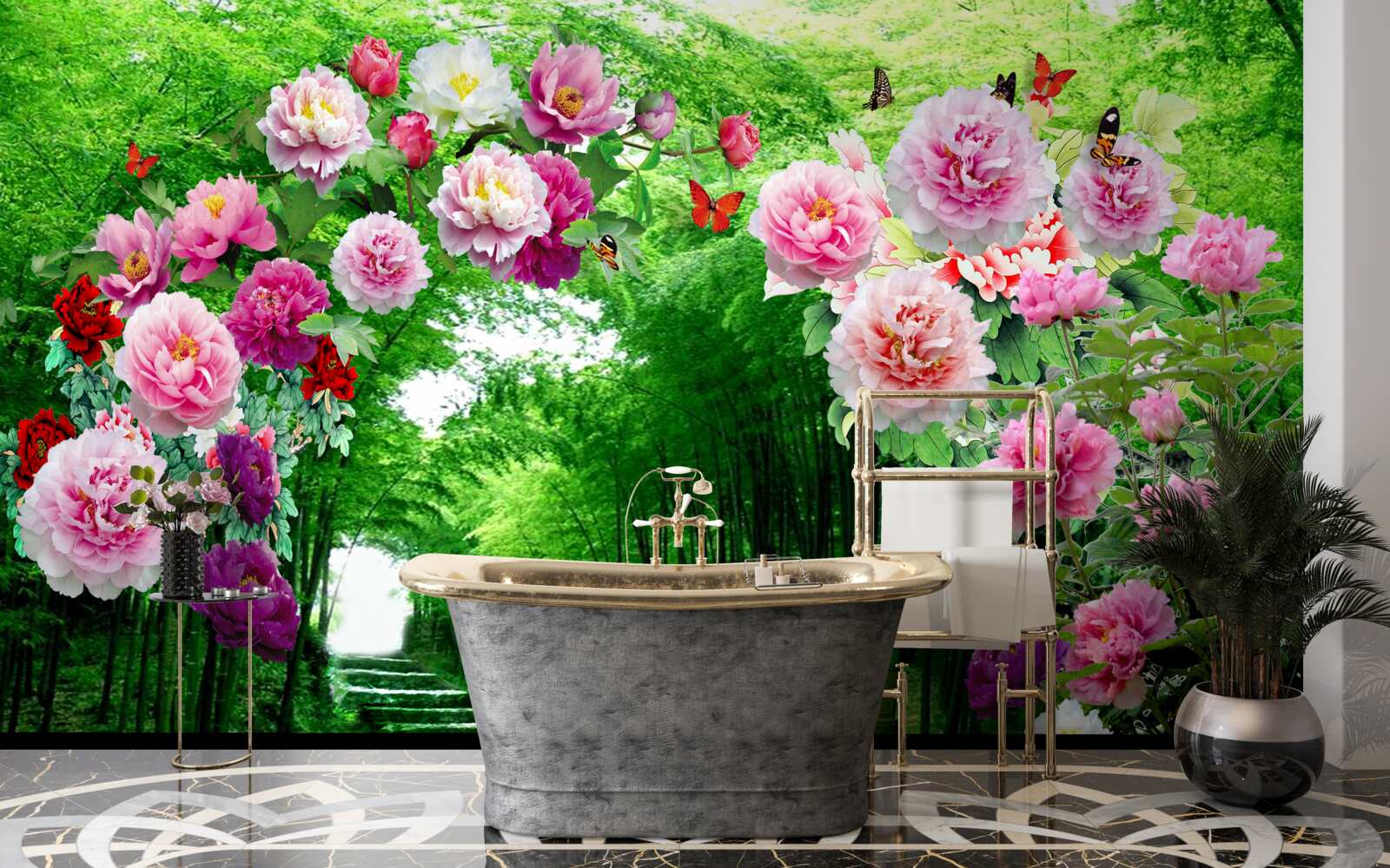 Fototapeten Blumen und Füchse aus grünem Bambus