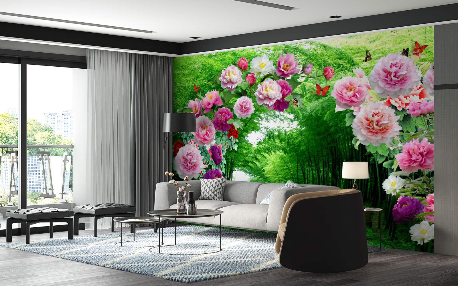 Fototapeten Blumen und Füchse aus grünem Bambus