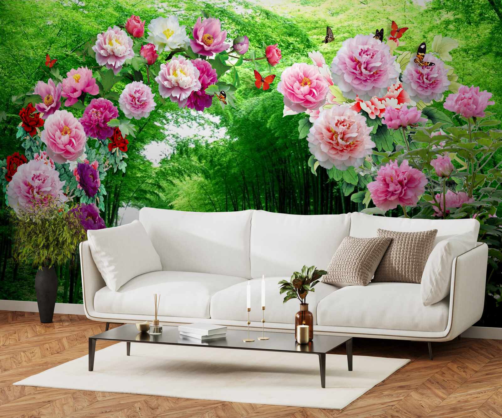 Fototapeten Blumen und Füchse aus grünem Bambus