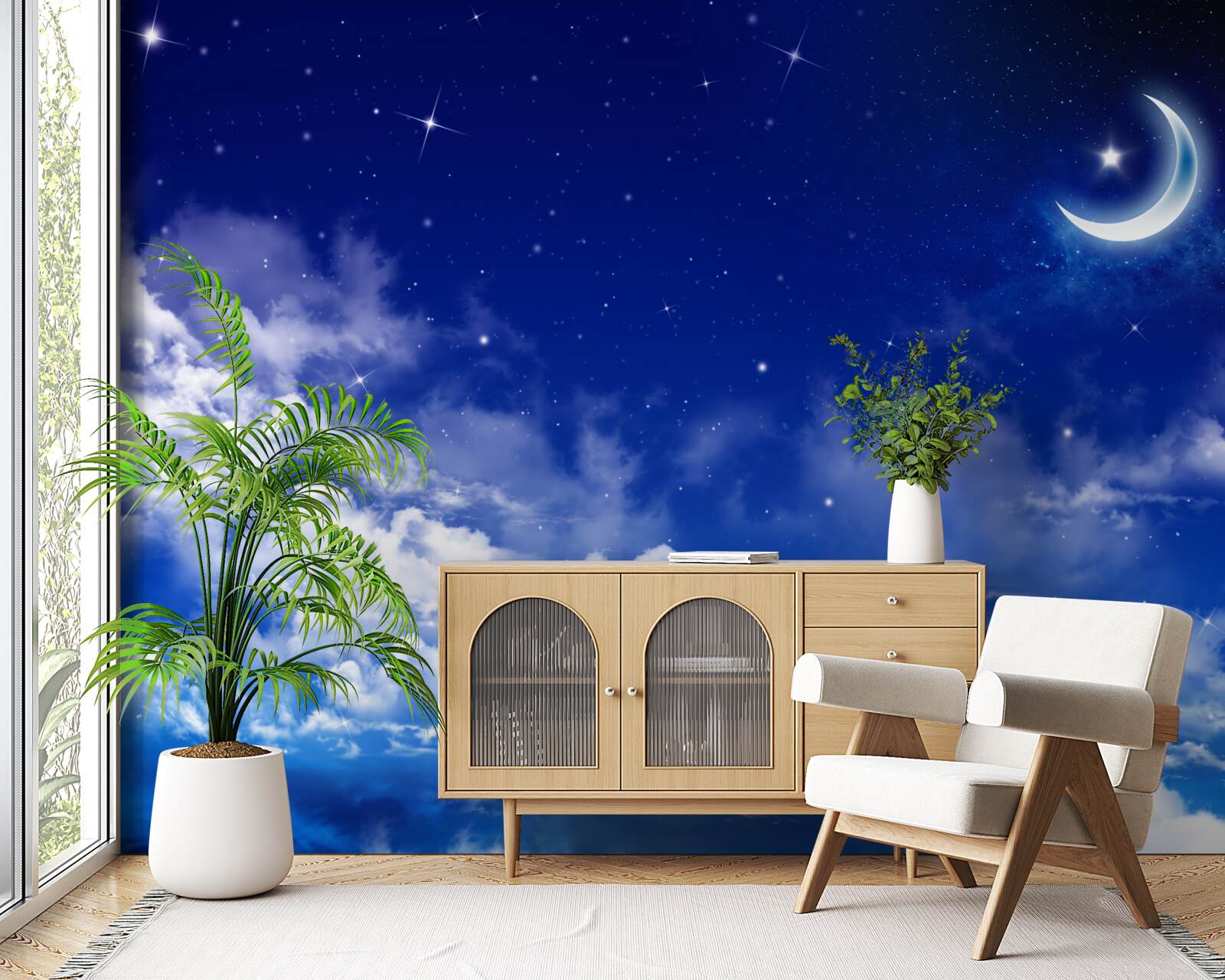 Fototapeten Nacht unter dem Mond und schimmernde Sterne