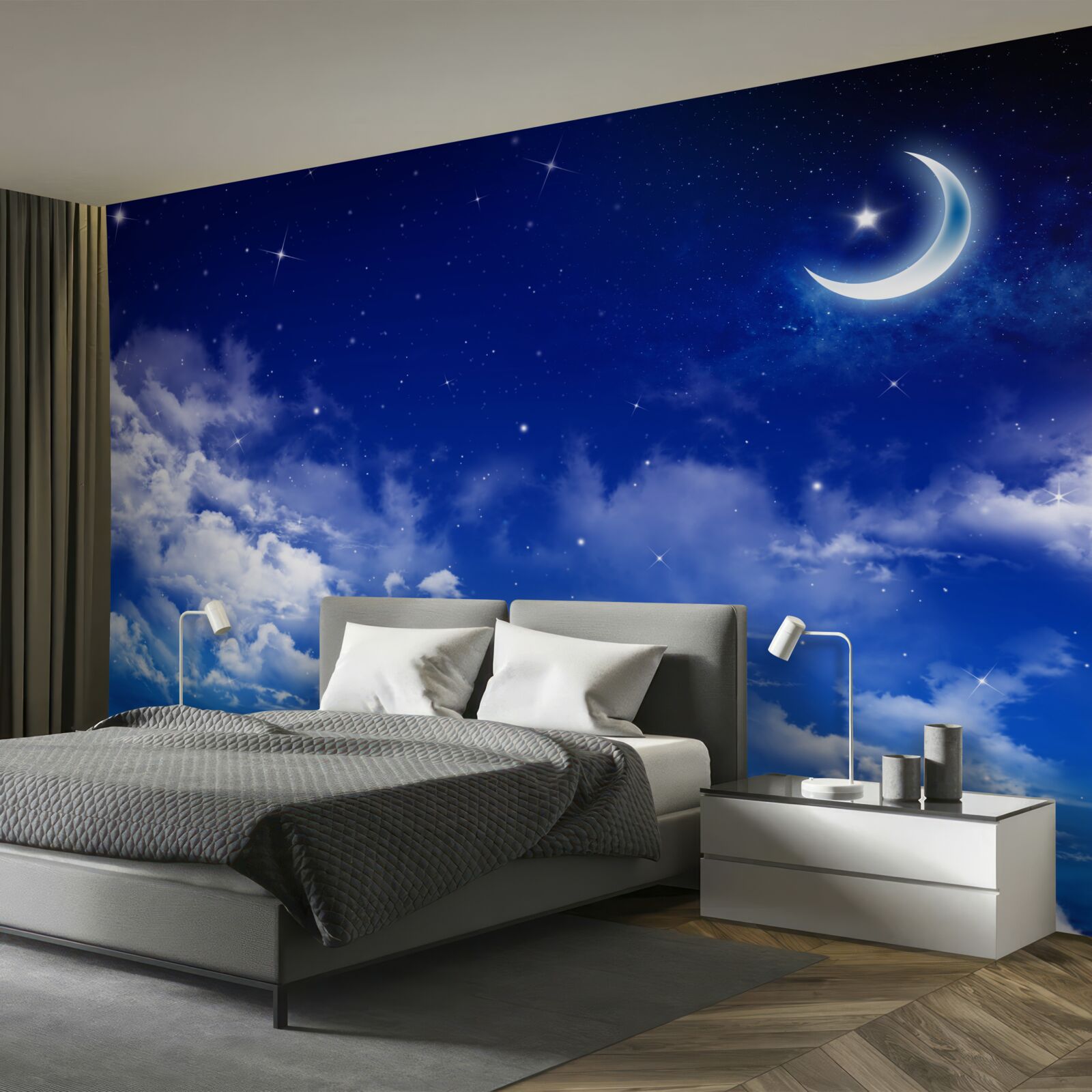 Fototapeten Nacht unter dem Mond und schimmernde Sterne