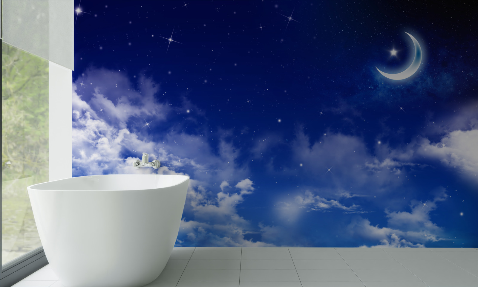 Fototapeten Nacht unter dem Mond und schimmernde Sterne