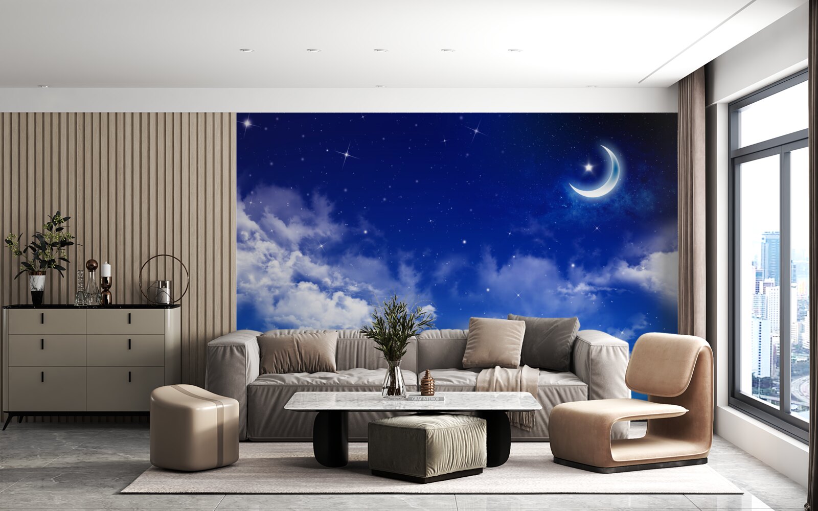 Fototapeten Nacht unter dem Mond und schimmernde Sterne