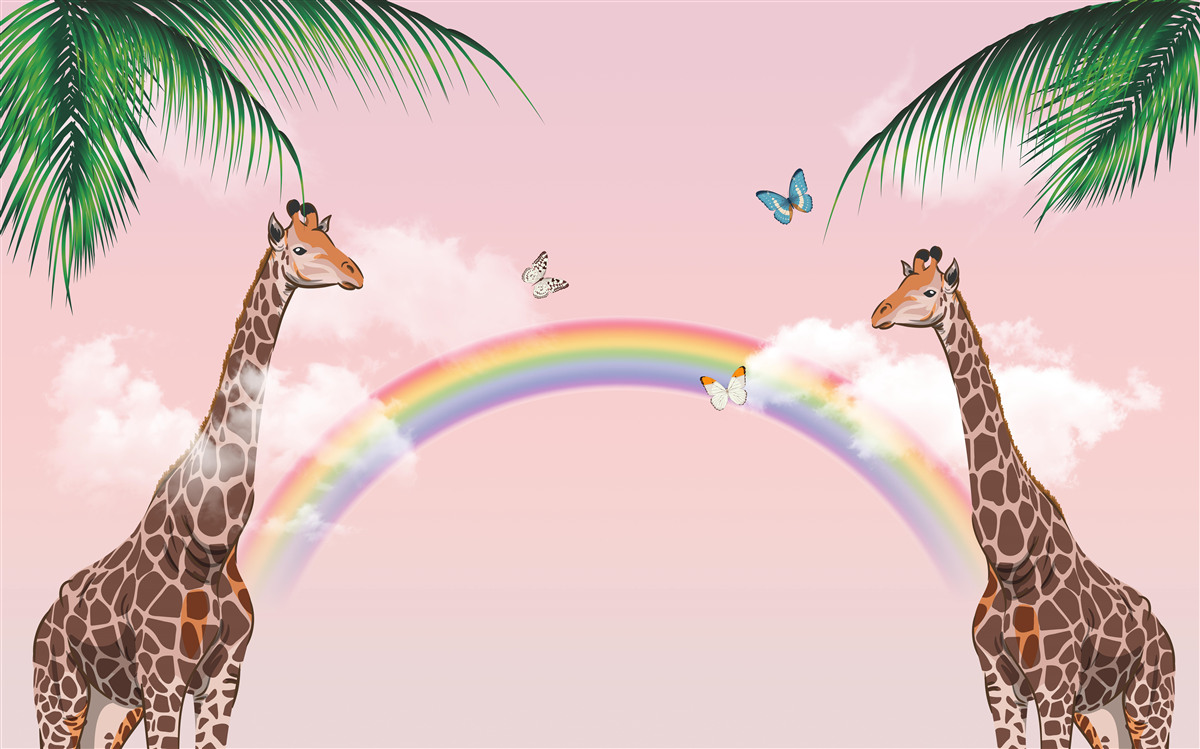 Fototapeten Zwei Giraffen beobachten den Regenbogen