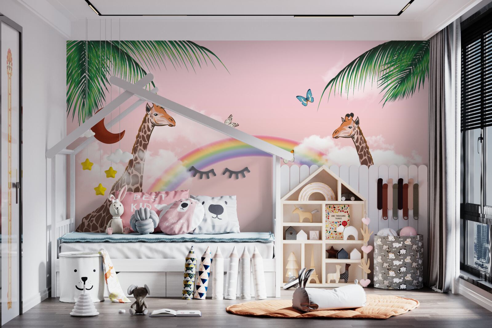 Fototapeten Zwei Giraffen beobachten den Regenbogen
