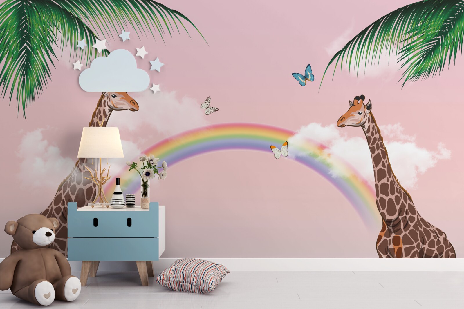 Fototapeten Zwei Giraffen beobachten den Regenbogen