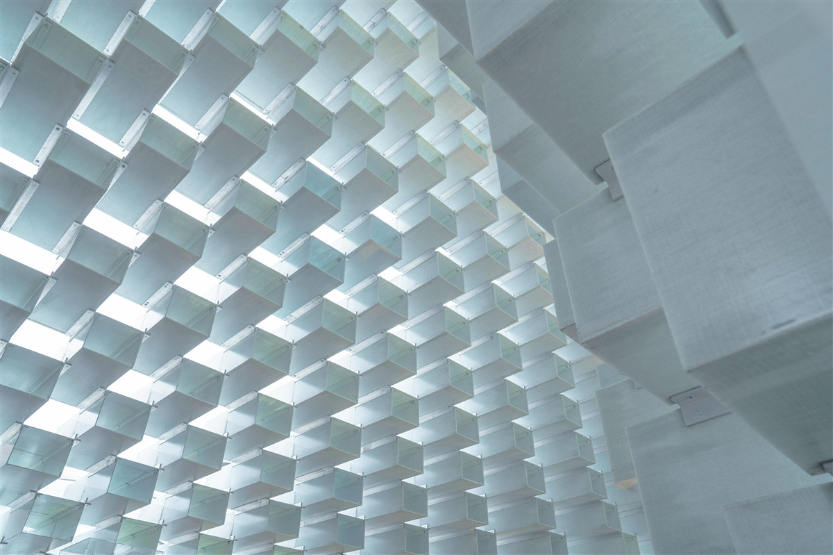 Fototapeten Eine Wand mit schwimmenden Rechtecken in 3D