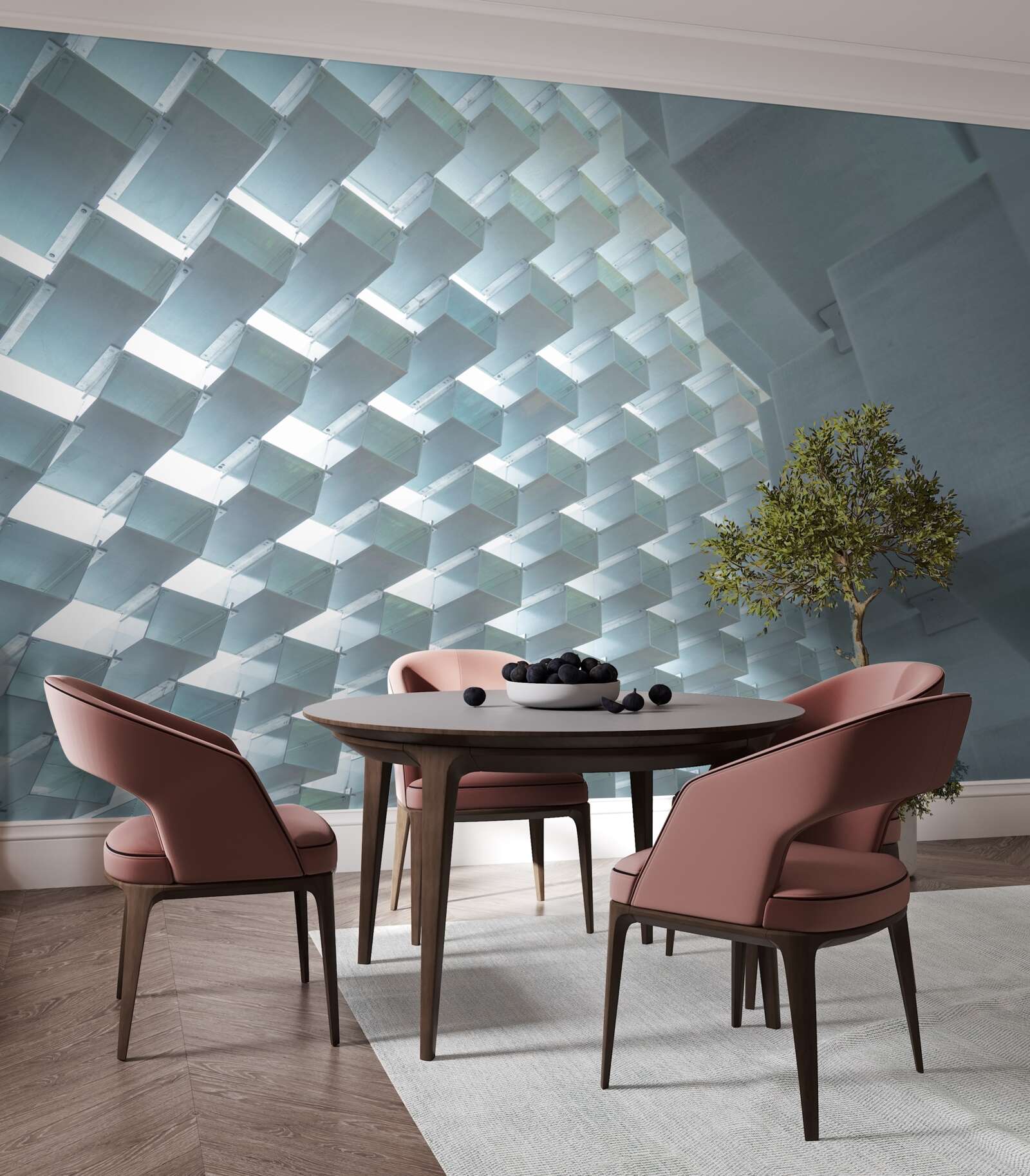 Fototapeten Eine Wand mit schwimmenden Rechtecken in 3D