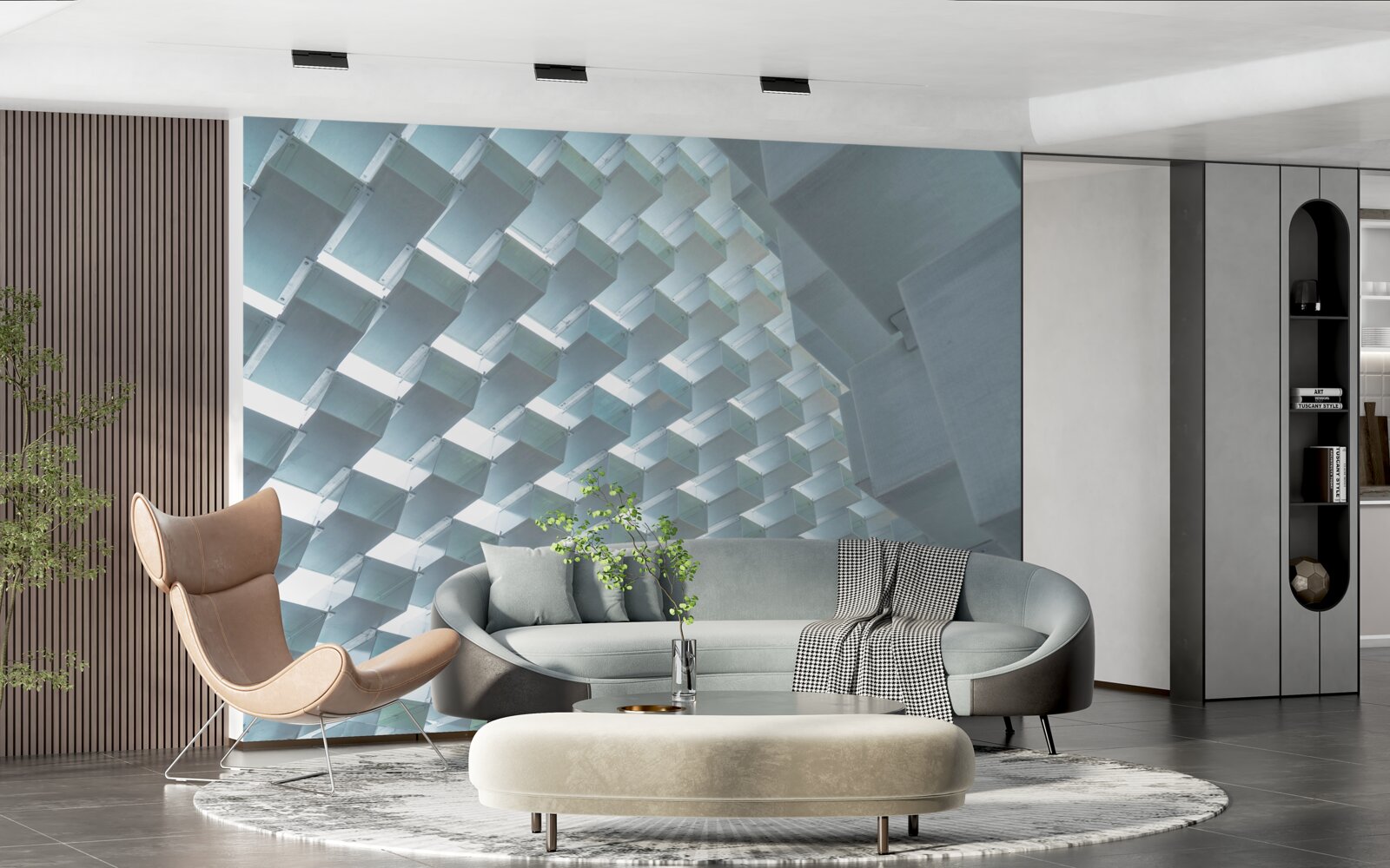 Fototapeten Eine Wand mit schwimmenden Rechtecken in 3D