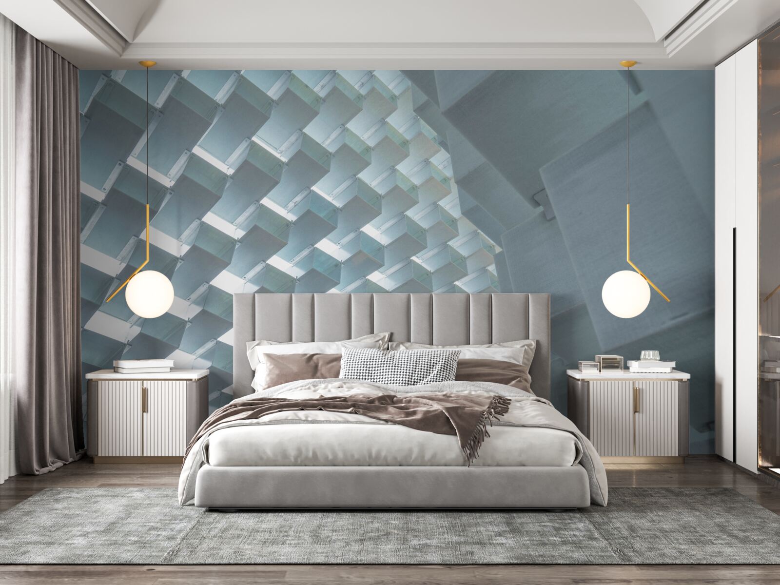 Fototapeten Eine Wand mit schwimmenden Rechtecken in 3D
