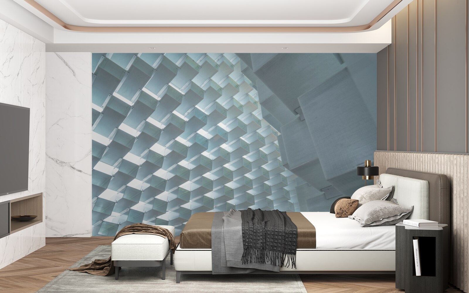 Fototapeten Eine Wand mit schwimmenden Rechtecken in 3D