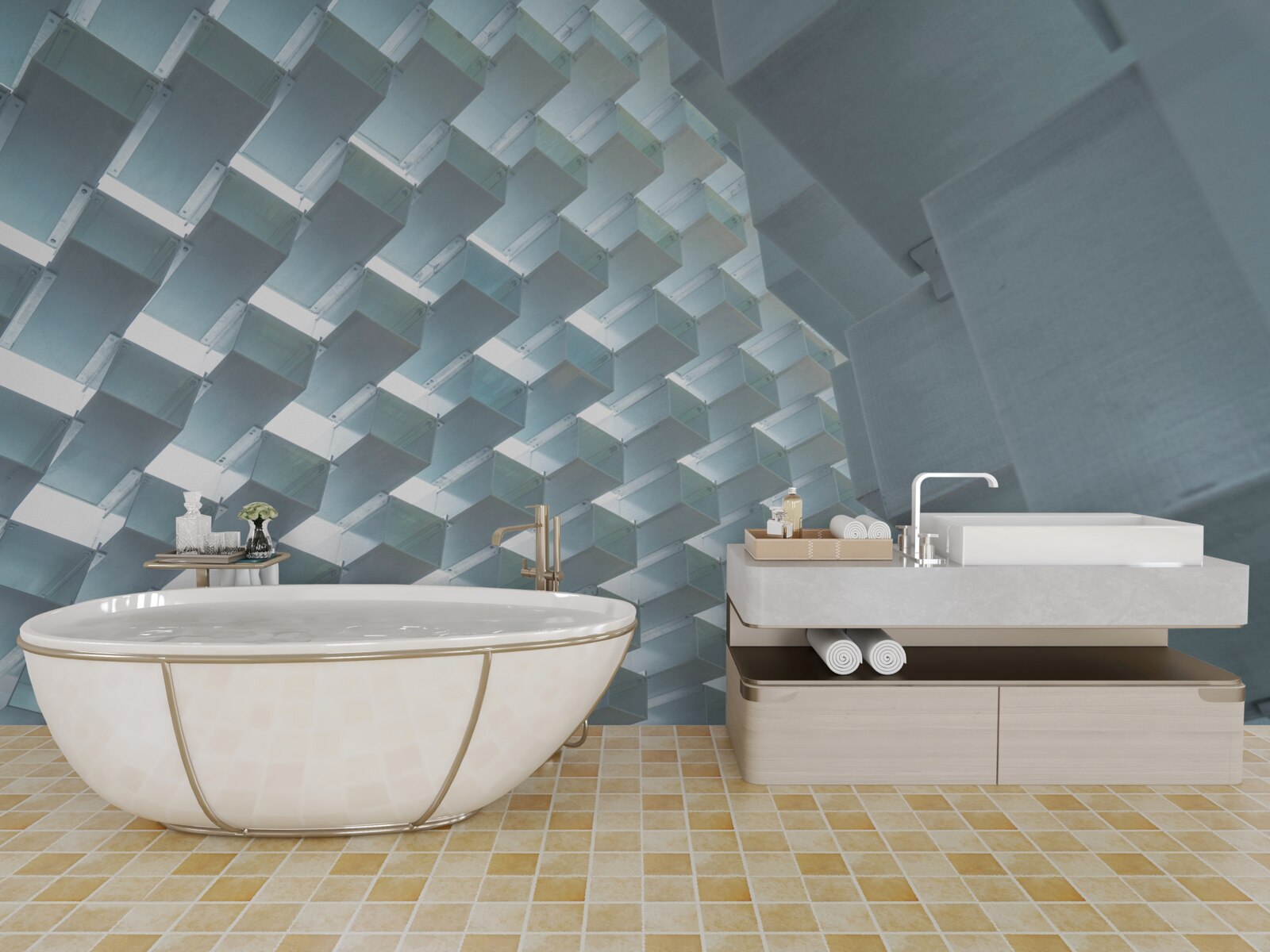 Fototapeten Eine Wand mit schwimmenden Rechtecken in 3D