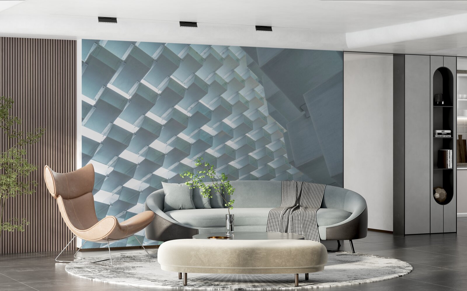 Fototapeten Eine Wand mit schwimmenden Rechtecken in 3D