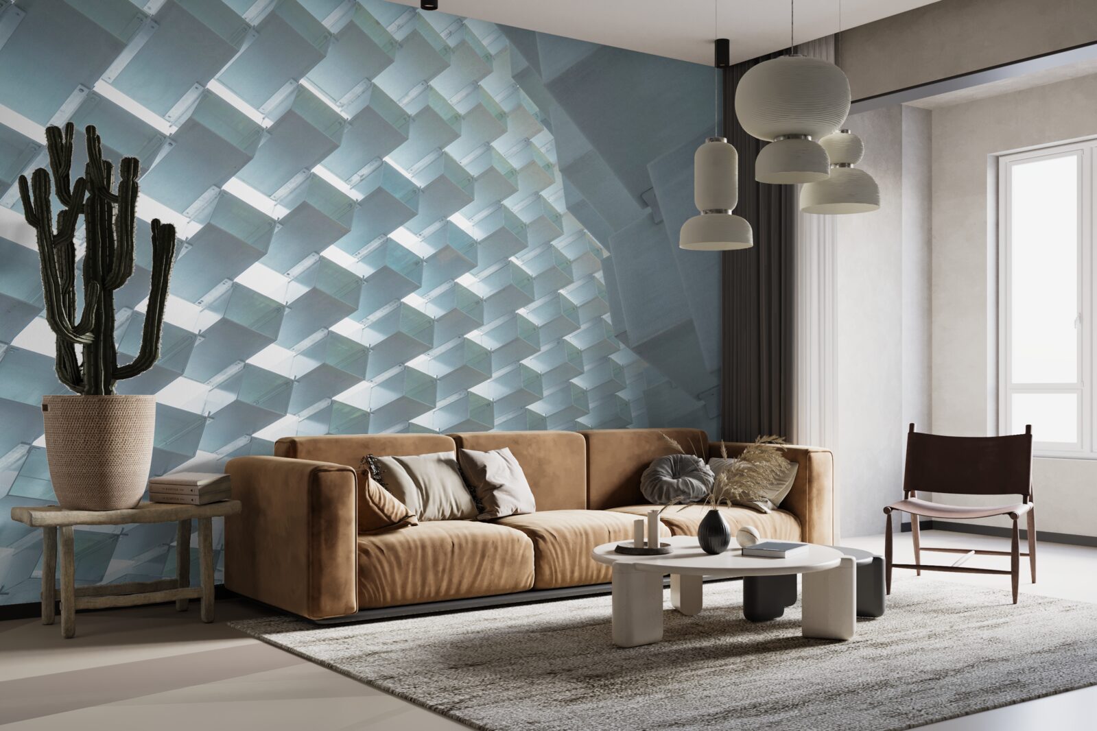 Fototapeten Eine Wand mit schwimmenden Rechtecken in 3D