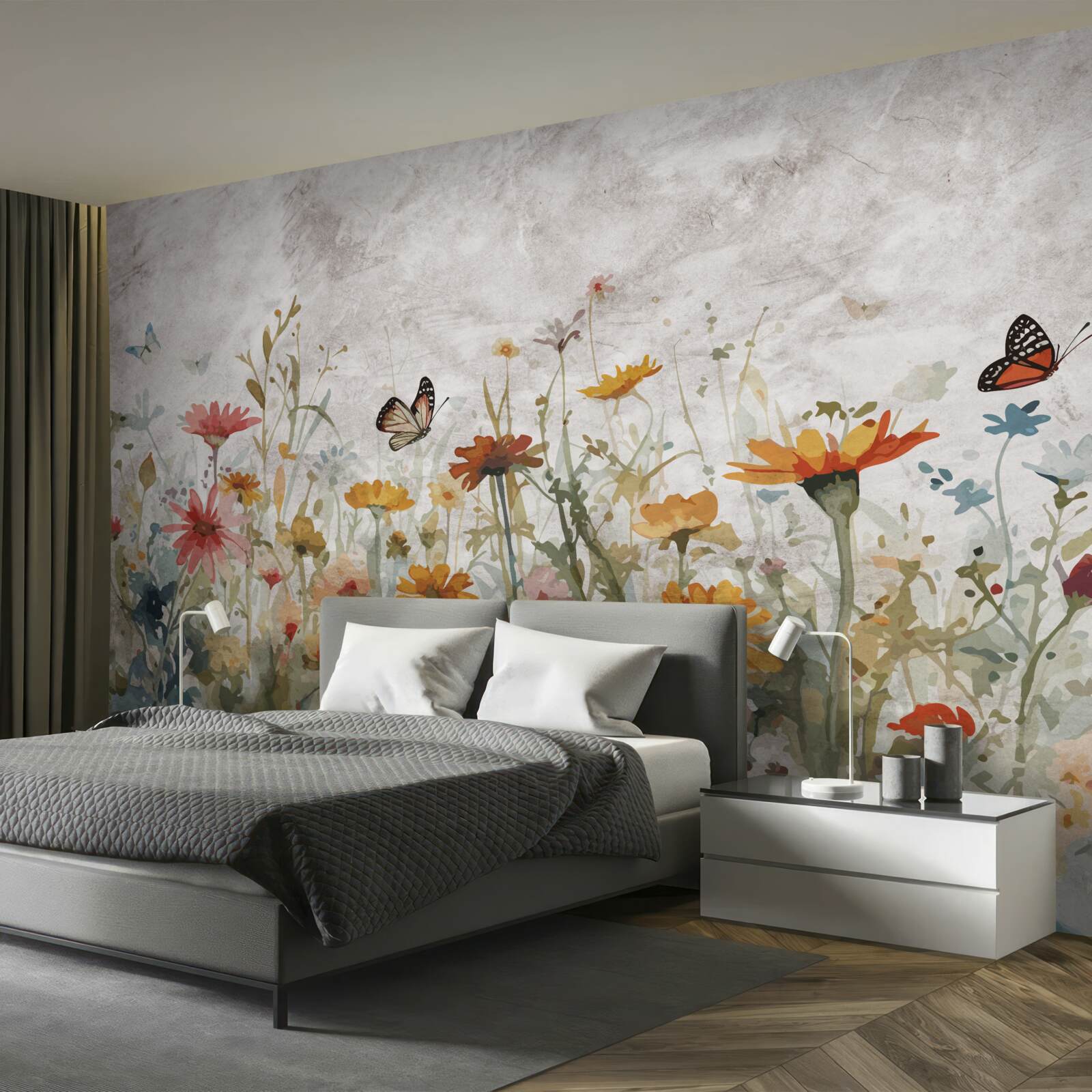 Fototapeten Blumen mit Schmetterlingen im Morgengrauen
