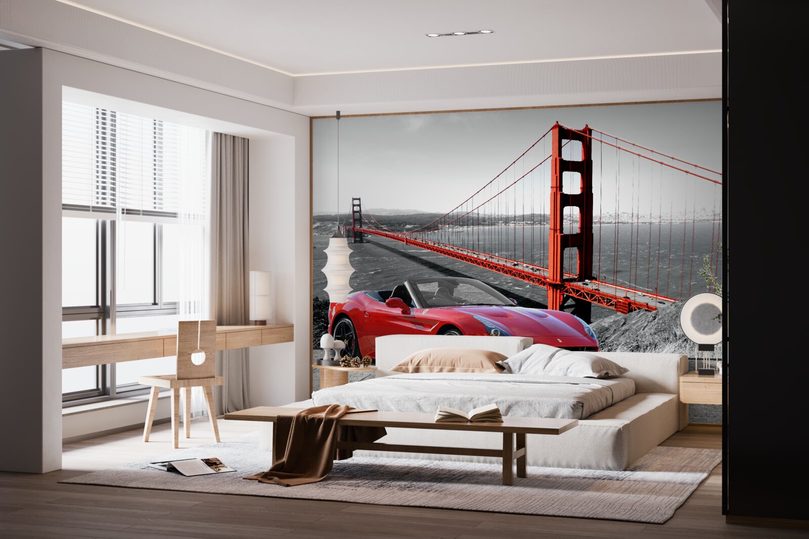 Fototapeten Roter Auto und eine Brücke