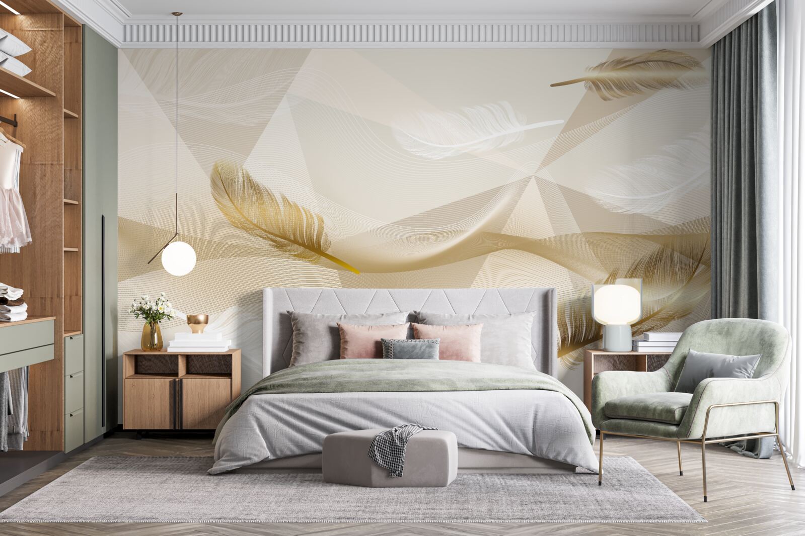 Fototapeten Fliegende Federn und geometrische Formen