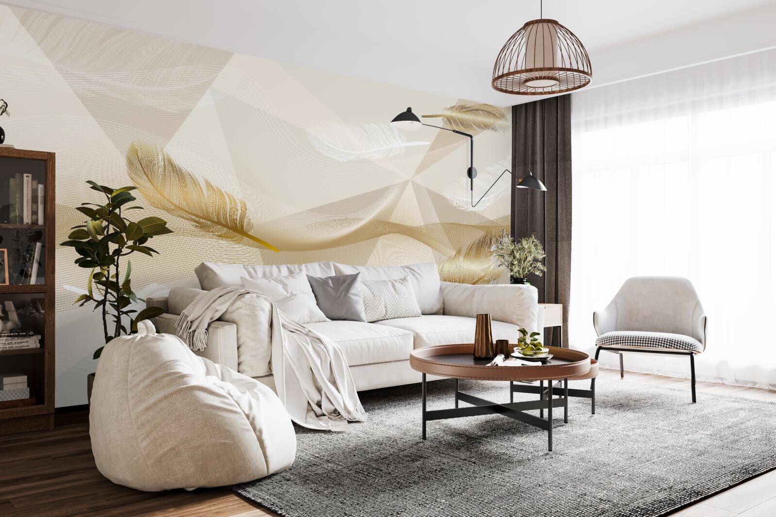 Fototapeten Fliegende Federn und geometrische Formen