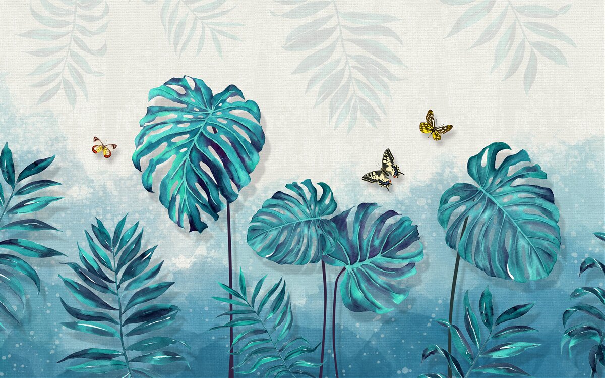 Fototapeten Monstera -Blätter sind blau, mit Schmetterlingen dekoriert