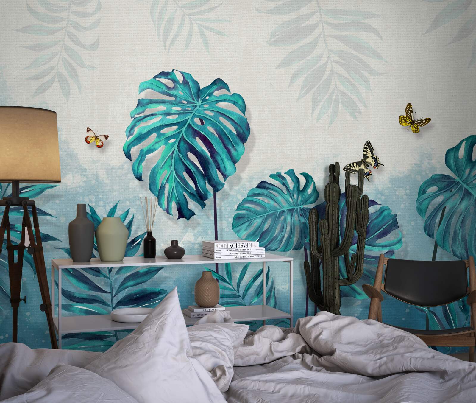 Fototapeten Monstera -Blätter sind blau, mit Schmetterlingen dekoriert