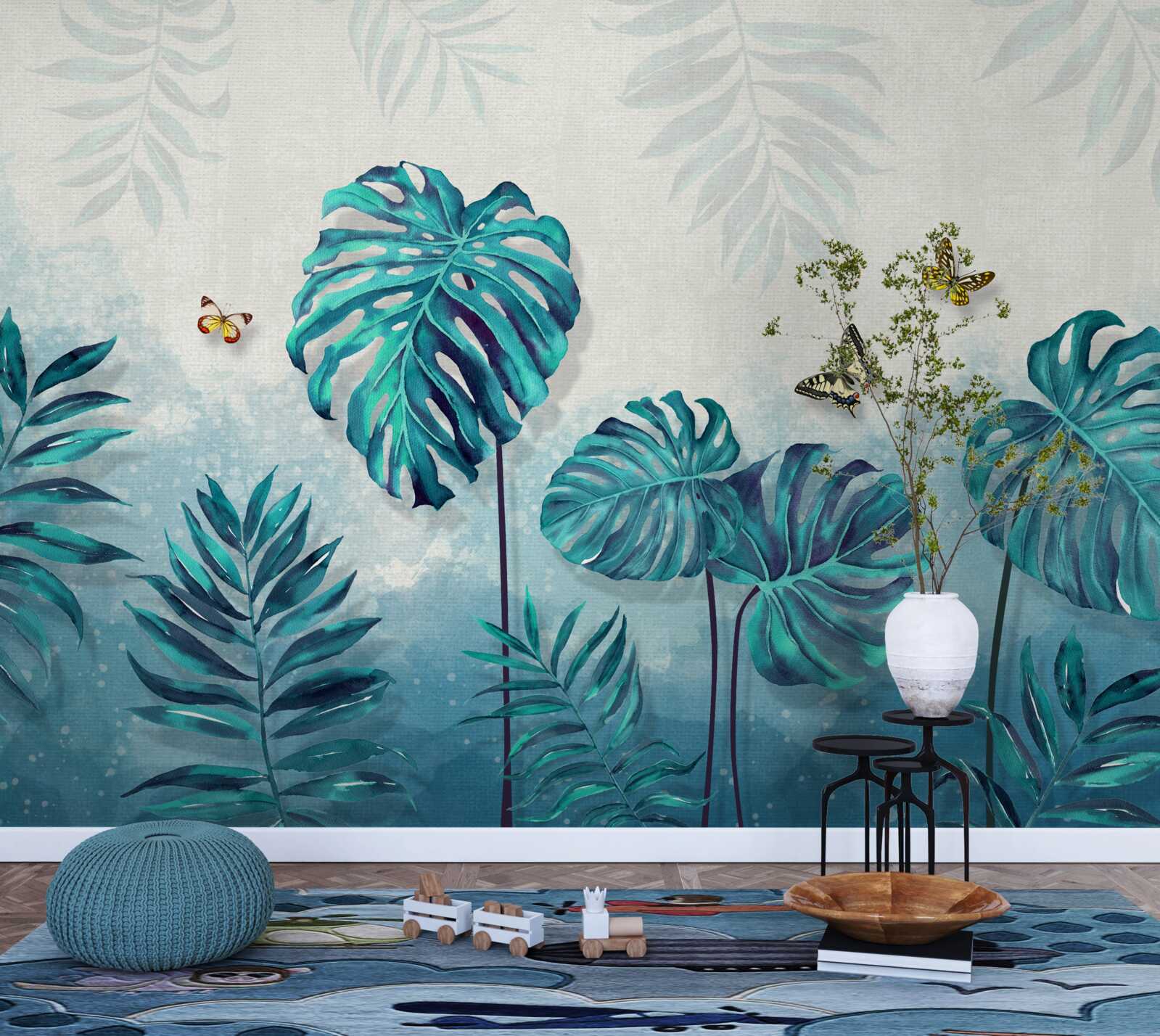 Fototapeten Monstera -Blätter sind blau, mit Schmetterlingen dekoriert
