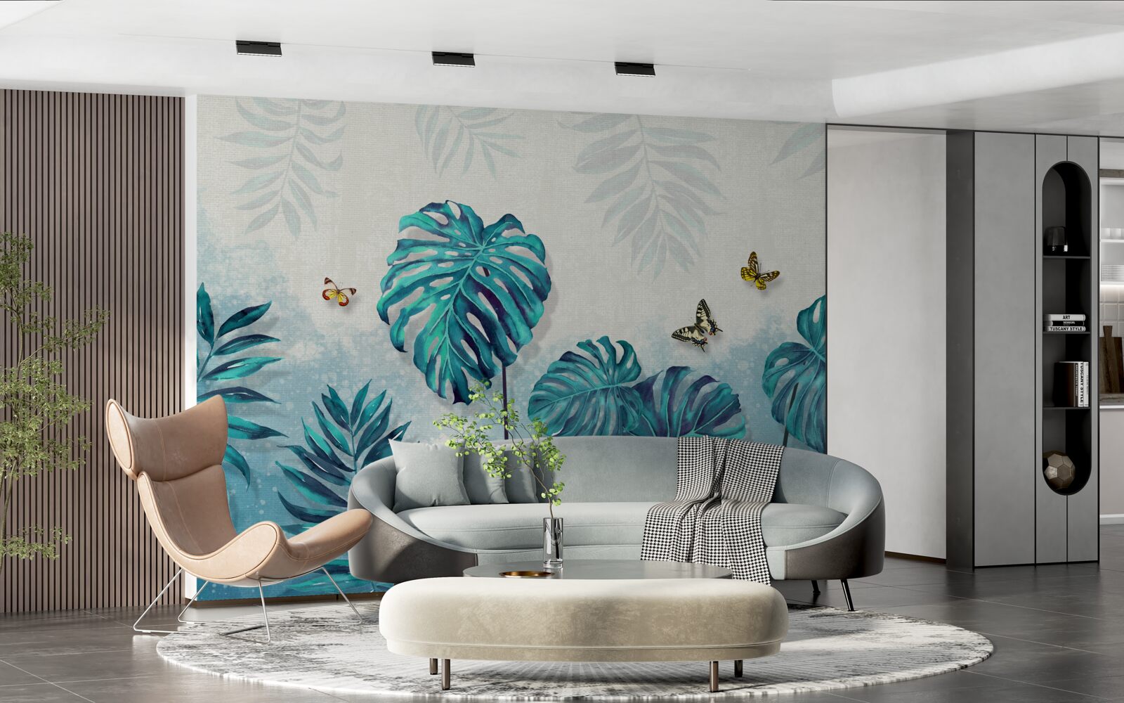 Fototapeten Monstera -Blätter sind blau, mit Schmetterlingen dekoriert