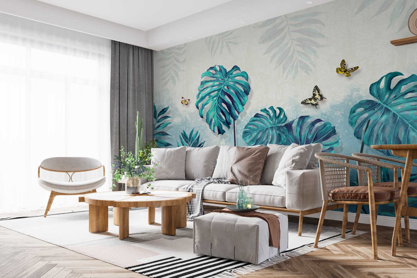 Fototapeten Monstera -Blätter sind blau, mit Schmetterlingen dekoriert