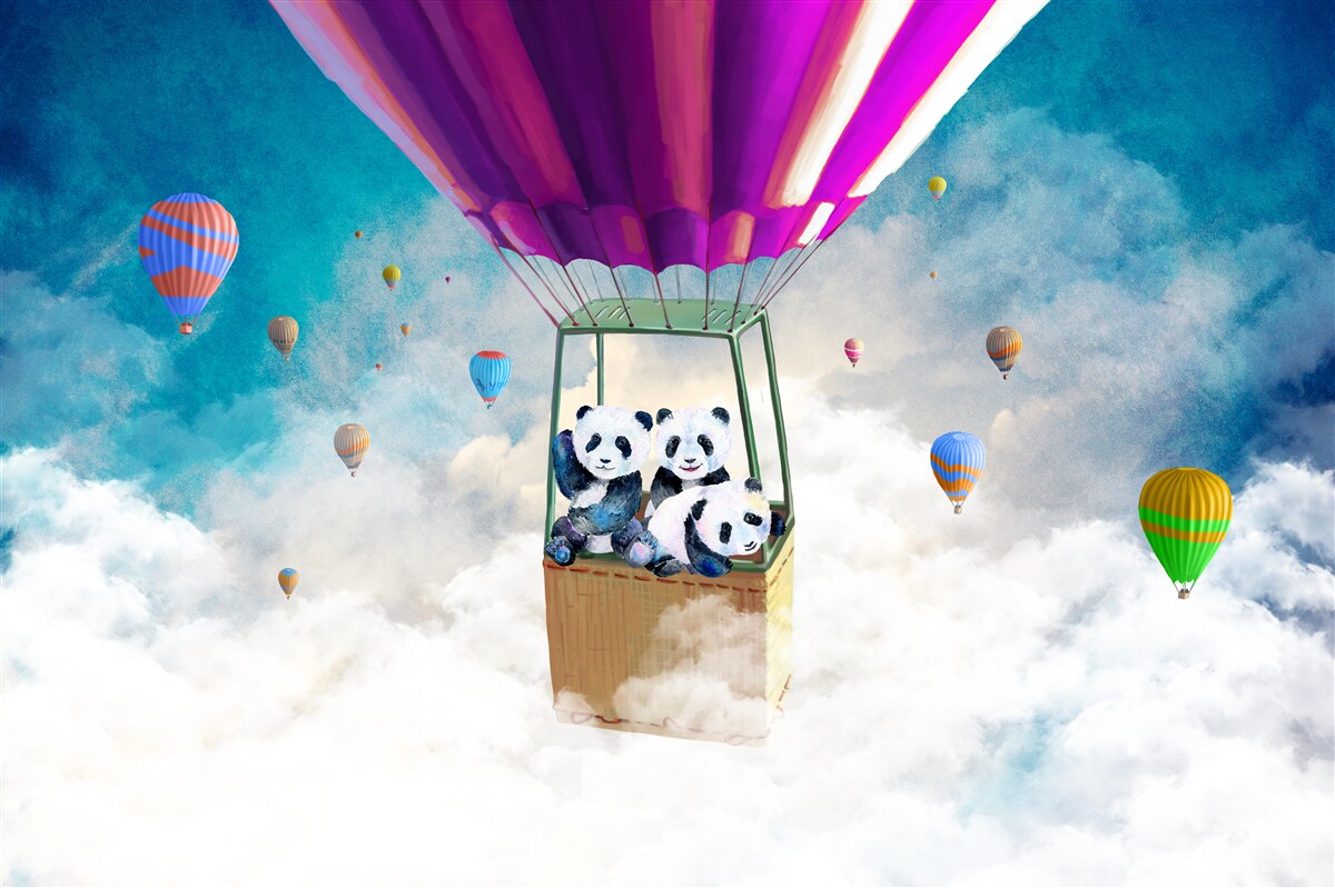 Fototapeten Ein Ballon für beheizte Luft hebt Pandas in den Himmel