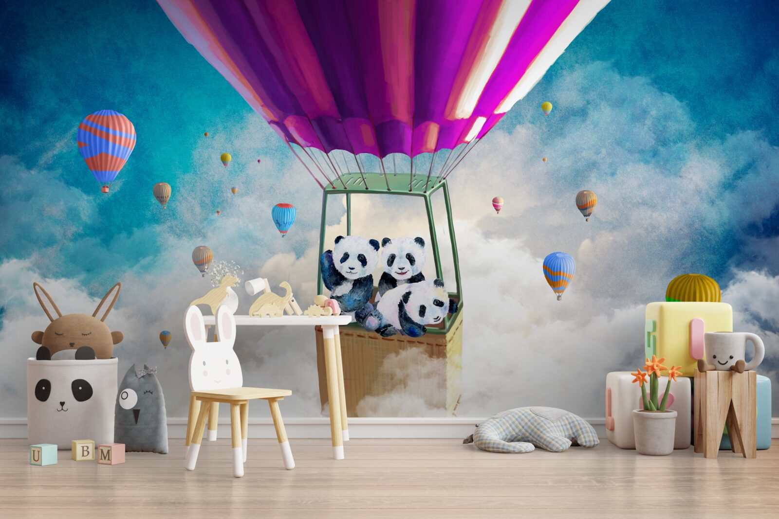 Fototapeten Ein Ballon für beheizte Luft hebt Pandas in den Himmel