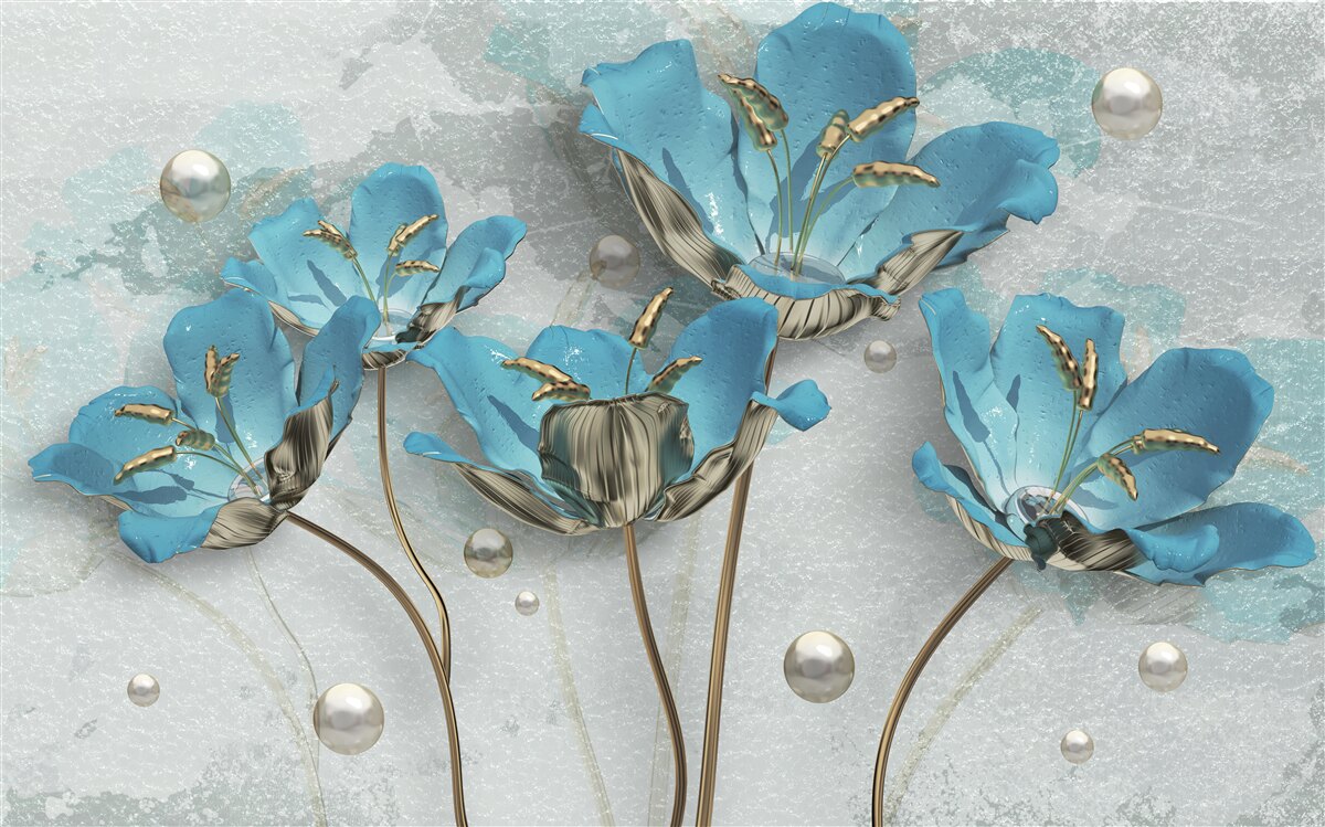 Fototapeten Metallische, blaue Blumen