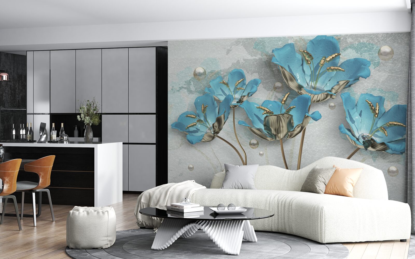 Fototapeten Metallische, blaue Blumen