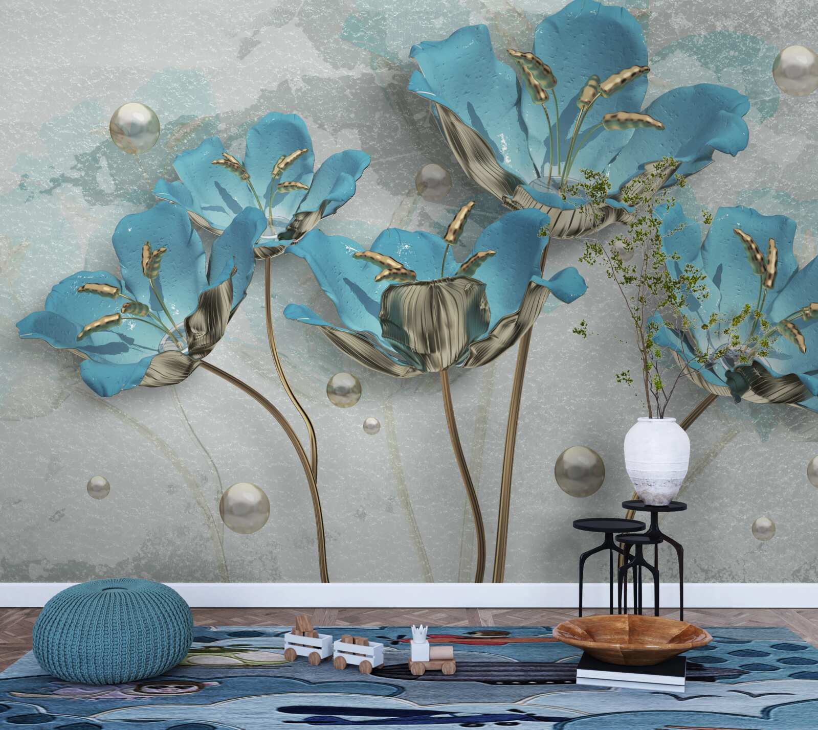 Fototapeten Metallische, blaue Blumen