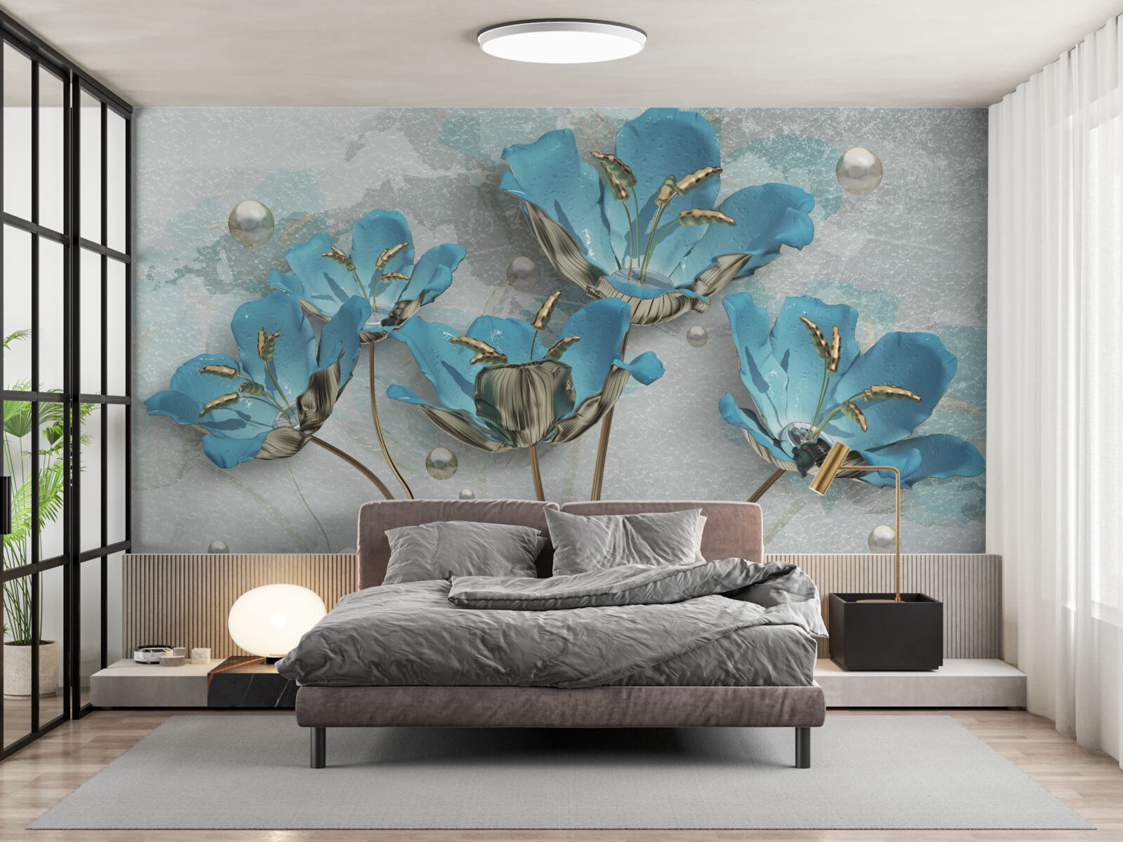 Fototapeten Metallische, blaue Blumen
