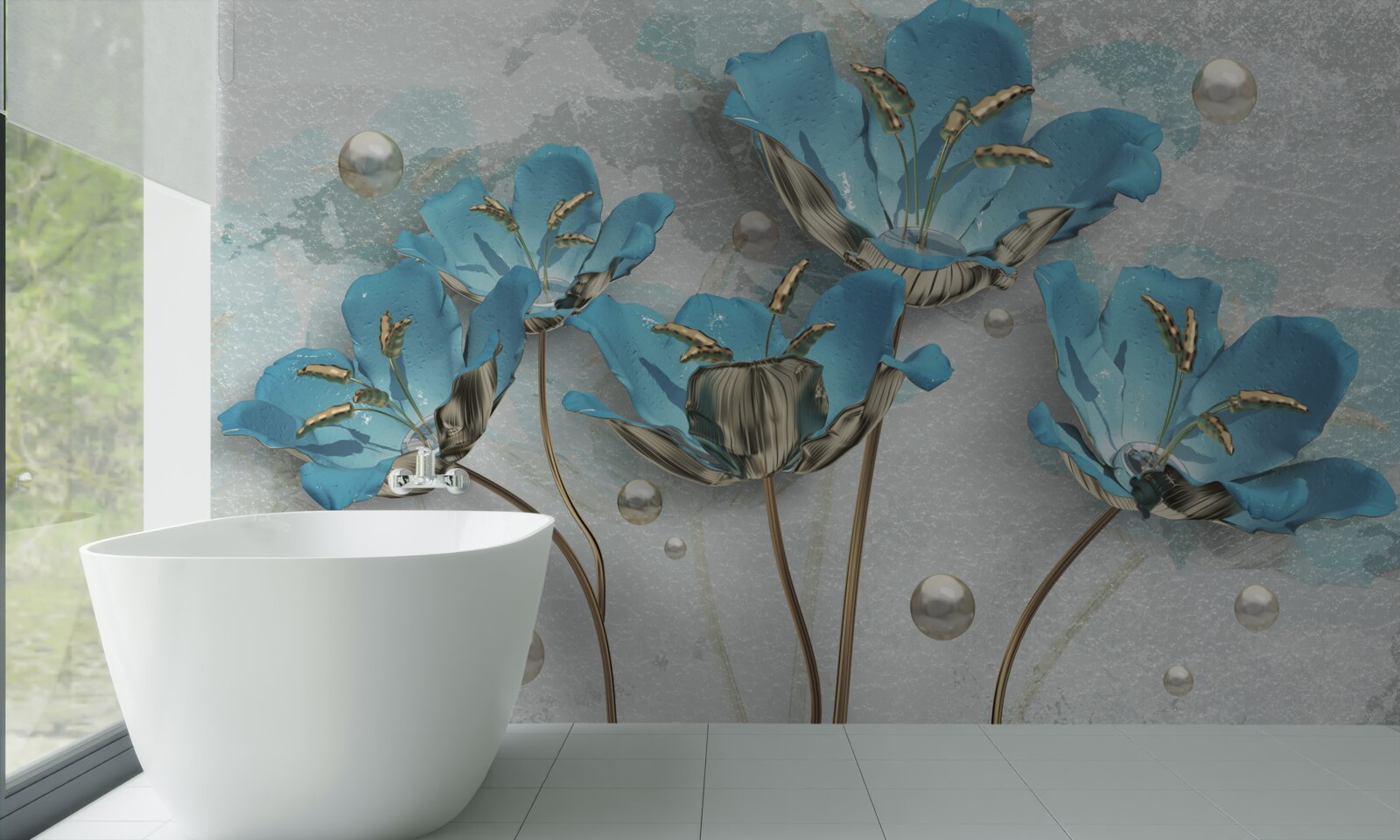 Fototapeten Metallische, blaue Blumen