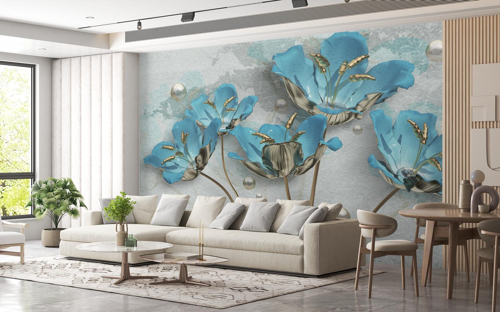 Fototapeten Metallische, blaue Blumen