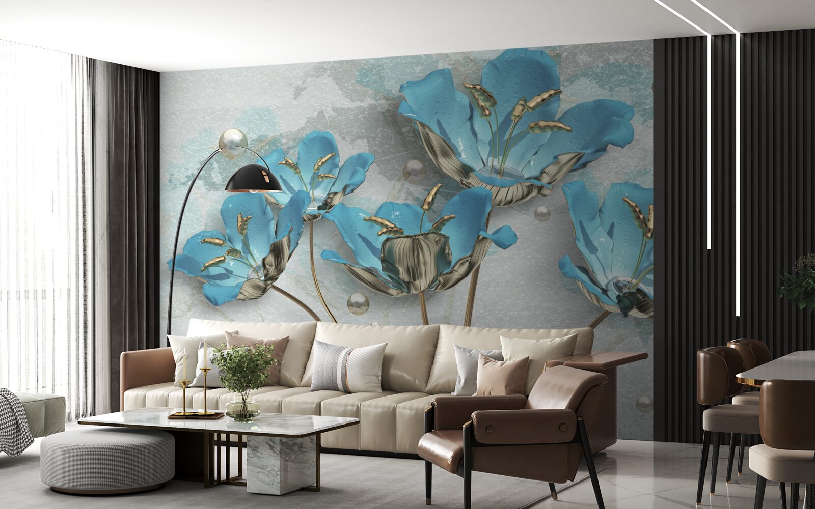 Fototapeten Metallische, blaue Blumen