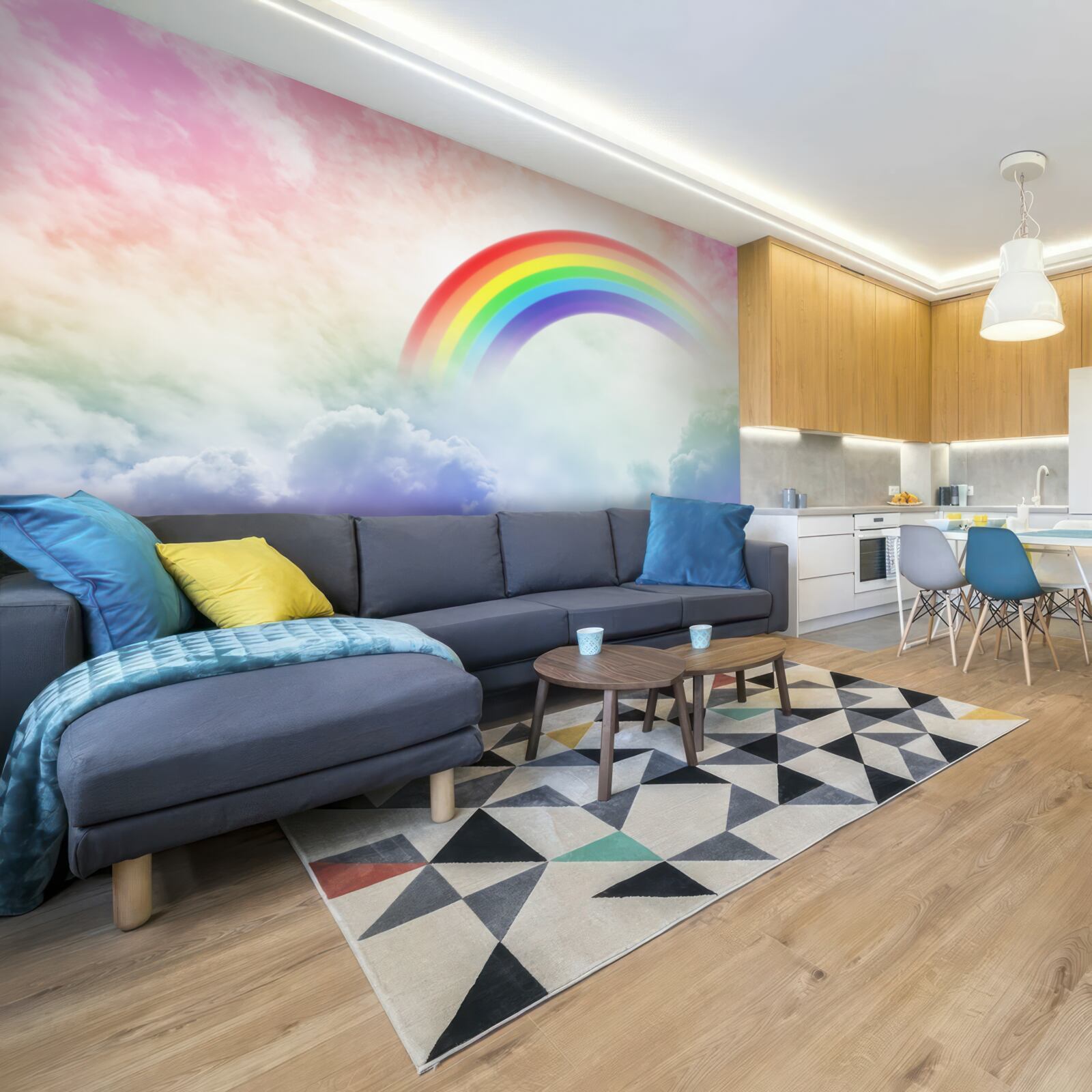 Fototapeten Ein buntes Regenbogen scheint über die Wolken